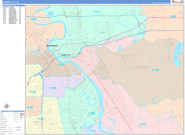 Bossier City City Wall Map Color Cast Style